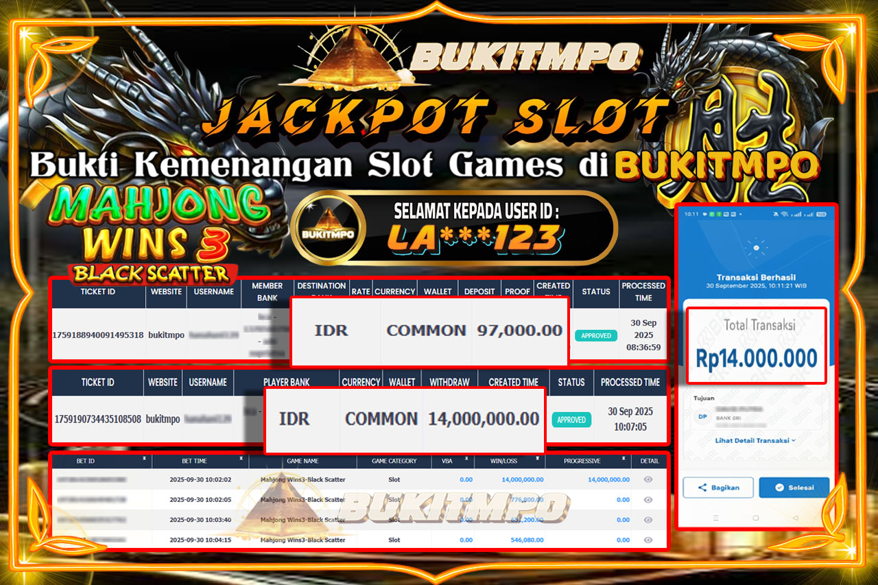 BUKITMPO JACKPOT MAHJONG WINS 3 BLACK SCATTER - PRAGMATIC PLAY Rp.14.000.000,- LUNAS